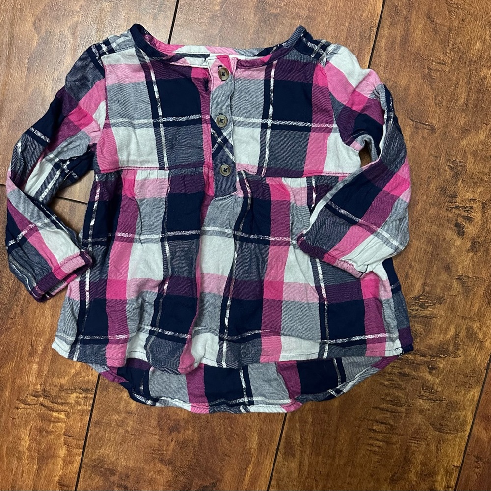Girls pink blue silver flannel plaid buttondown baby doll long sleeve 12 months